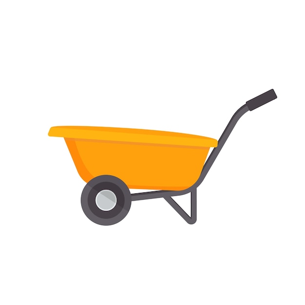 Yellow garden wheelbarrow with gray handles side view Flat vector illustration