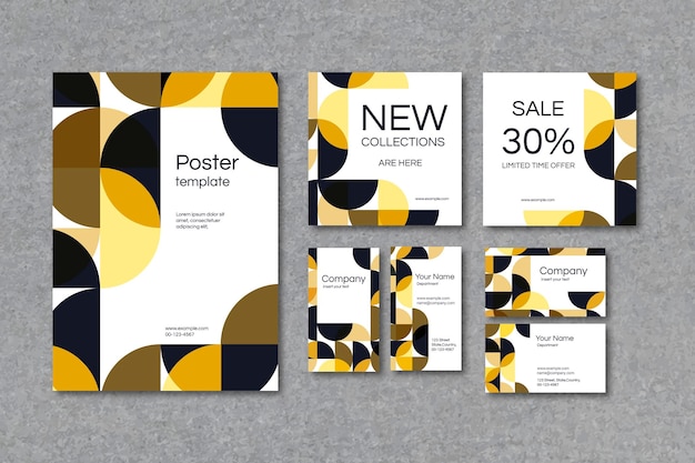 Yellow geometric patterned poster and business card template vector set