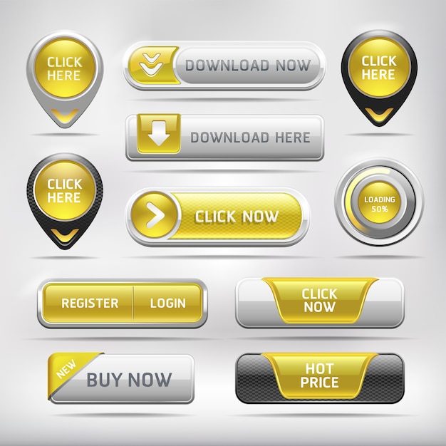 Yellow glossy web elements button set