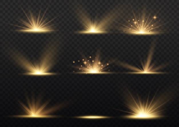 Vector yellow glow lights sun rays, star explosion, flare special effect with rays of light