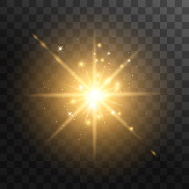 Vector yellow glowing light explodes on a transparent background. with ray. transparent shining sun, bright flash