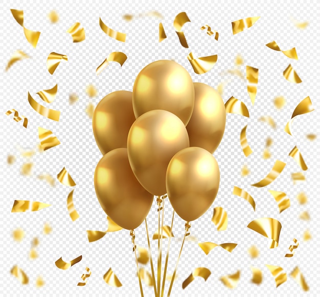 Vector yellow gold balloons and golden star confetti. vector glossy realistic gold glossy baloon for holiday celebration greeting card