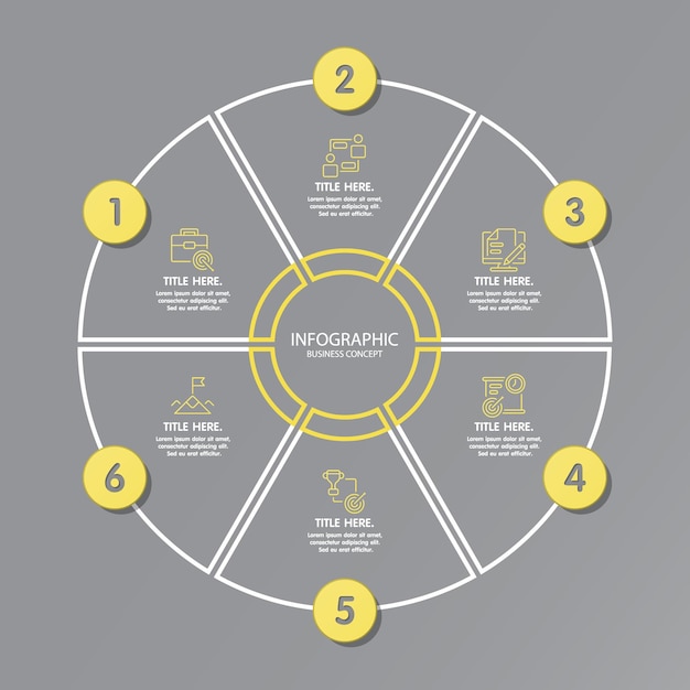 Yellow and gray colors for circle infographic with thin line icons. 6 options or steps for infographics, flow charts, presentations, web sites, printed materials. infographics business concept.