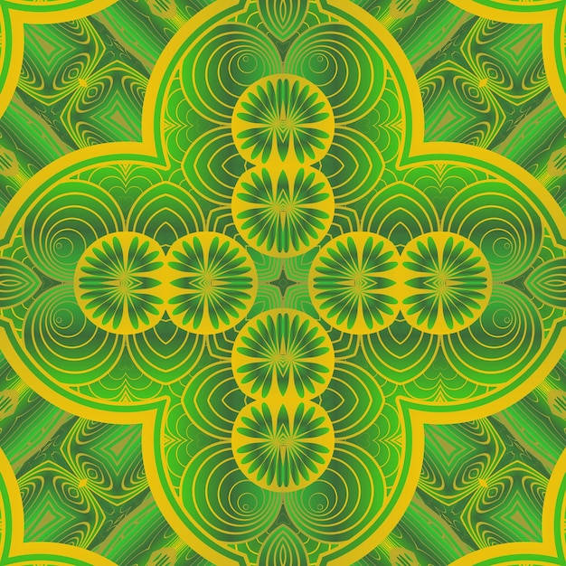 A yellow and green background with a pattern of circles and leaves.