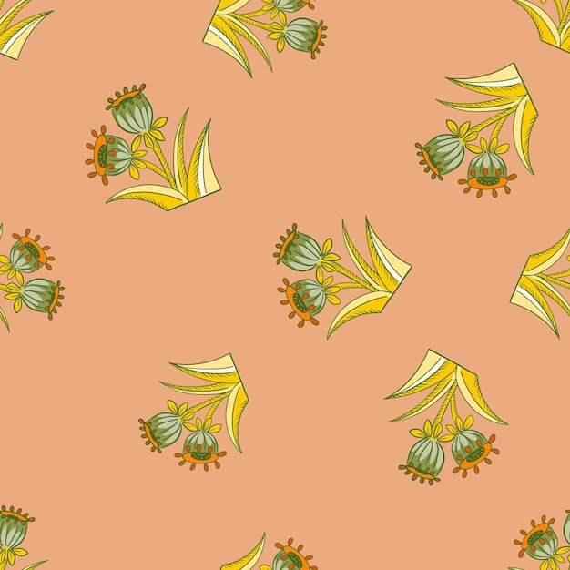 Yellow and green bell flowers silhouettes random seamles spattern in pastel tones. Pink pale background. Graphic design for wrapping paper and fabric textures. Vector Illustration.