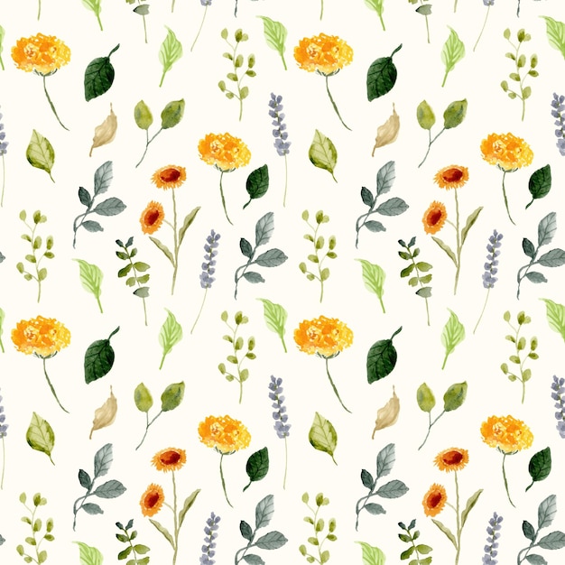 yellow green flower meadow watercolor seamless pattern