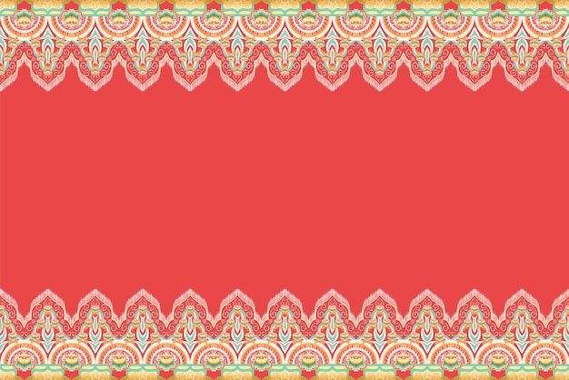 Yellow green orange flower on red geometric ethnic oriental pattern traditional design for backgroundcarpetwallpaperclothingwrappingbatikfabric vector illustration embroidery style