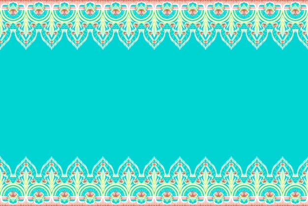 Giallo verde rosa fiore su blu teal geometrico etnico orientale modello tradizionale design per sfondocarpetwallpaperclothingwrappingbatikfabric vettore illustrazione ricamo stile