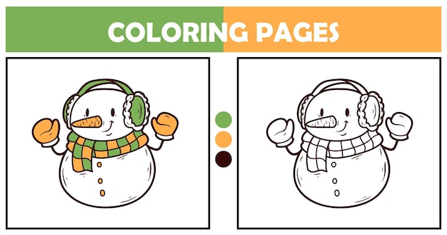 Vettore pagine da colorare personaggi di pupazzo di neve giallo e verde per bambini illustrazione vettoriale