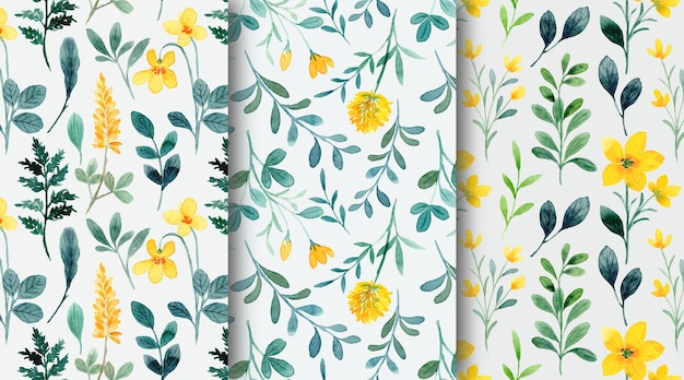 Yellow green wild floral watercolor seamless pattern collection