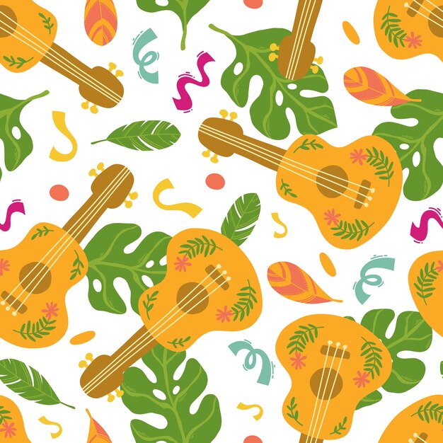 Yellow guitar and monstera seamless pattern