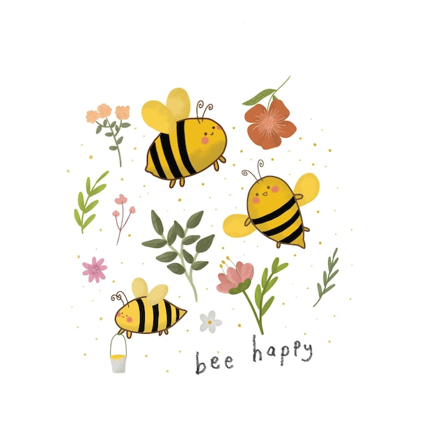 Yellow happy bee and flowers illustration watercolor