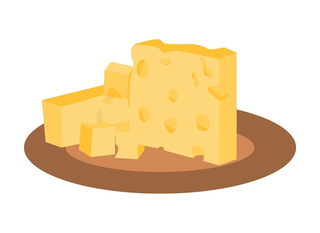 Yellow hard cheese with holes and cut square pieces on plate