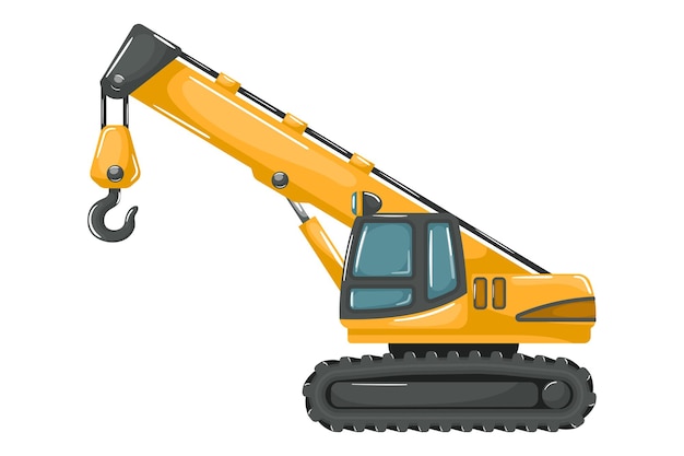 Vector yellow heavy machinery with telescopic crane for construction and mining cartoon style