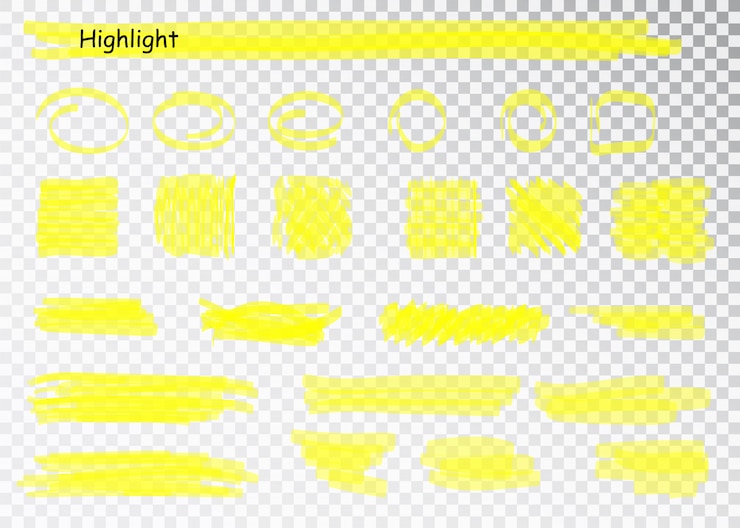 Vector yellow highlighter marker strokes. brush pen underline lines. yellow watercolor hand drawn highlight set.