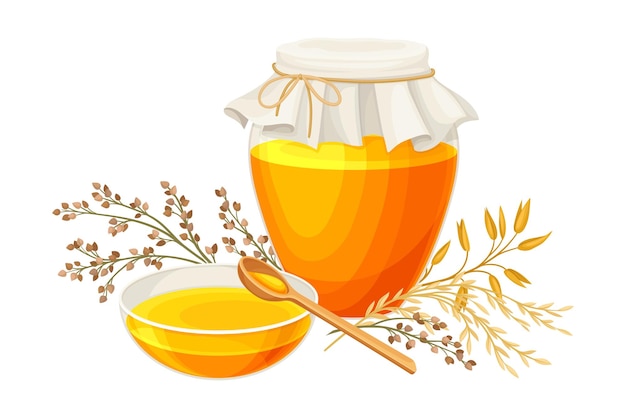 ベクトル ガラスの瓶に黄色い蜂蜜と穀物作物を感謝祭の日デザートベクトルイラストとして