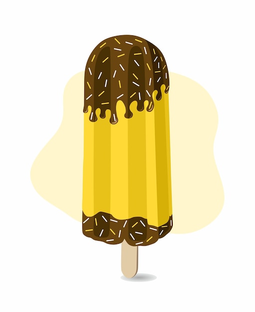 Yellow ice cream with chocolate on stick