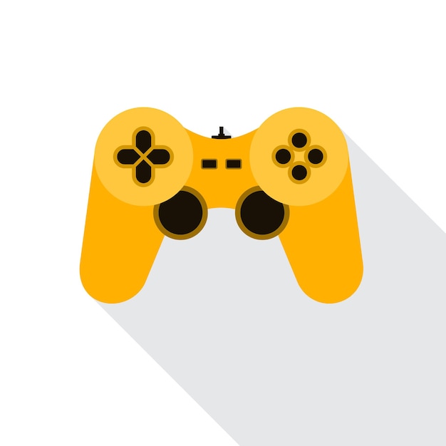 Yellow joystick icon. Vector illustration. Video game symbol. Flat game joystick symbol with long shadow, isolated on white.