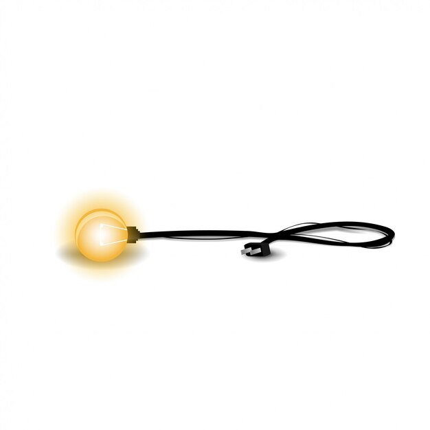 Yellow light bulb with black wire and plug isolated on white background