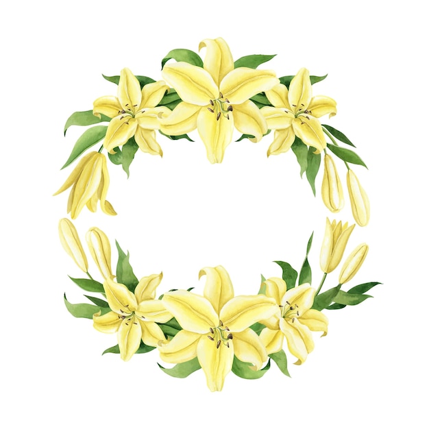 Cornice floreale gigli gialli illustrazione ad acquerello con corona floreale clipart vettoriali
