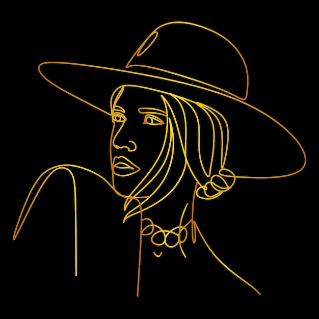 A yellow line drawing of a woman wearing a hat.