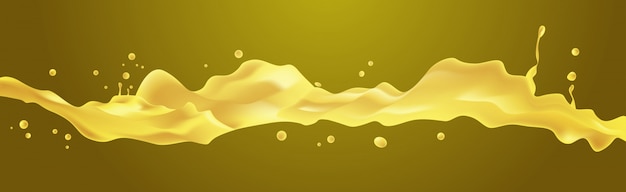 Spruzzata liquida gialla gocce realistiche e spruzza orizzontale di spruzzatura del succo di frutta
