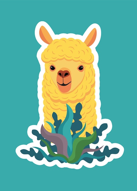 The yellow llama looks out of the bush.