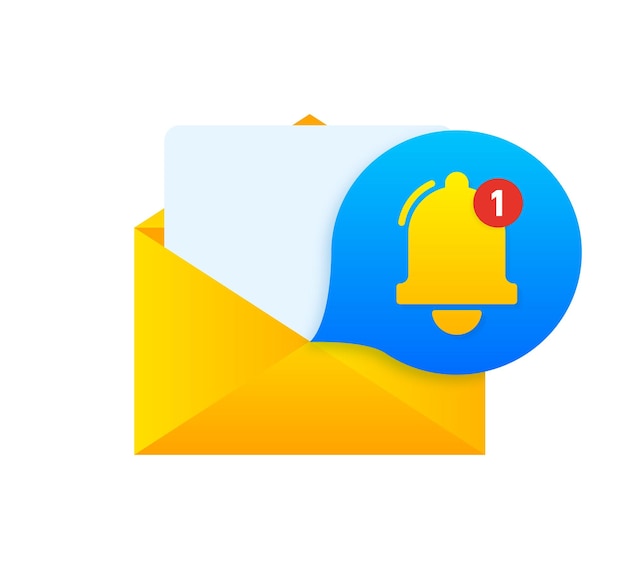 白い背景の上の黄色のメール エンベロープ 黄色のベル 1 つのメッセージ ベクトル イラスト メール通知
