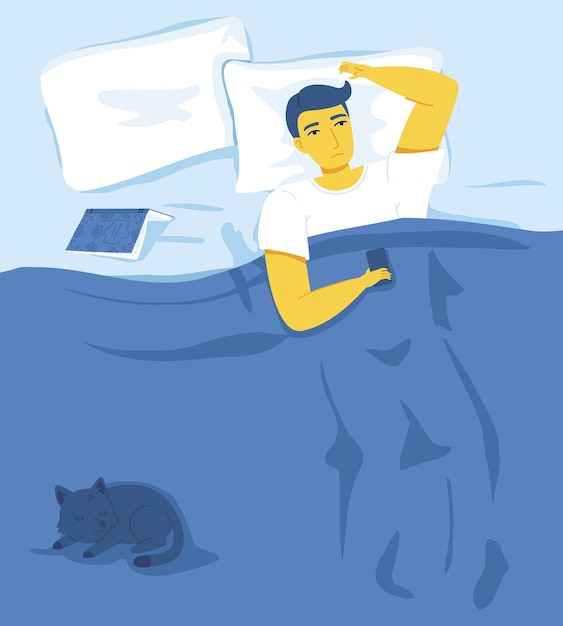 青いベッドで不眠症に苦しんでいる黄色の男休息夢リラクゼーションおやすみコンセプト
