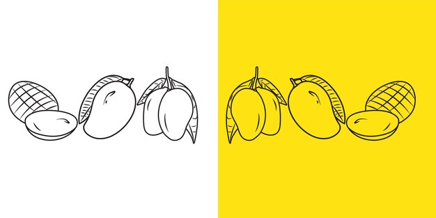 Yellow mango doodle background Exotic isolated fruits doodle icon with two background