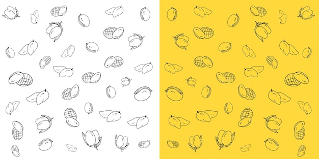 Yellow mango doodle pattern background Exotic Realistic fruits doodle icon with two background