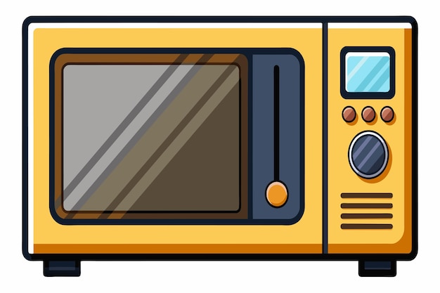 A yellow microwave oven with a blue handle