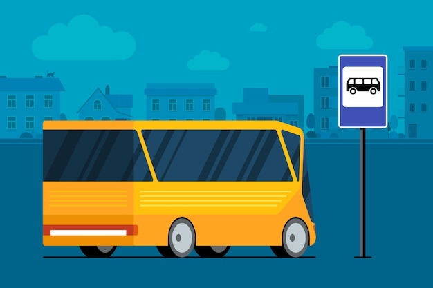 Yellow modern city bus on cityscape road near bus stop station\
sign. public transport concept. vector flat illustration for\
passenger transportation traffic service