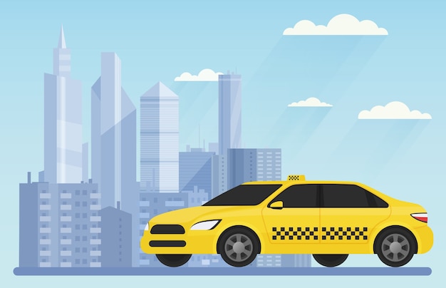 Vector yellow modern taxi car on the urban city background landscape illustration