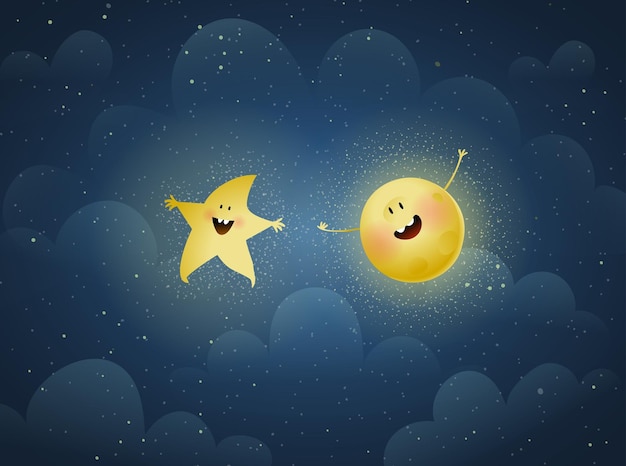 Yellow moon star on blue background stars at night cute moon kids wallpaper design dark blue cosmos scene with clouds and star at night vector design in watercolor style