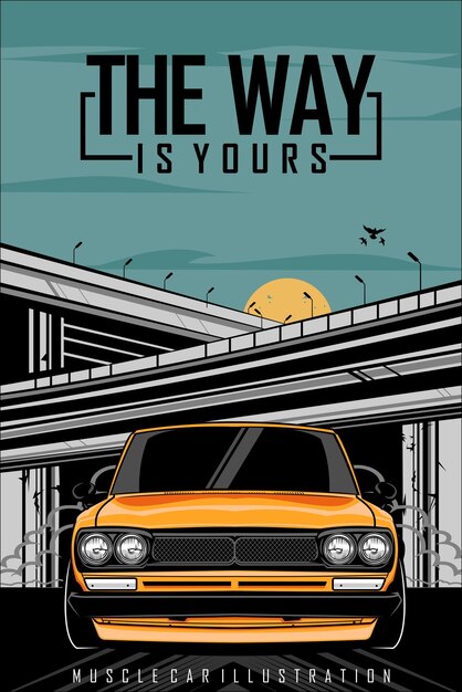 Vector yellow muscle car illustration with a city background