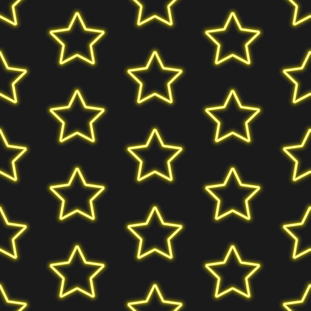 Желтые неоновые звезды на черном фоне векторный бесшовный узор