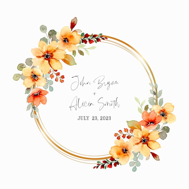 Yellow and orange floral wreath with watercolor