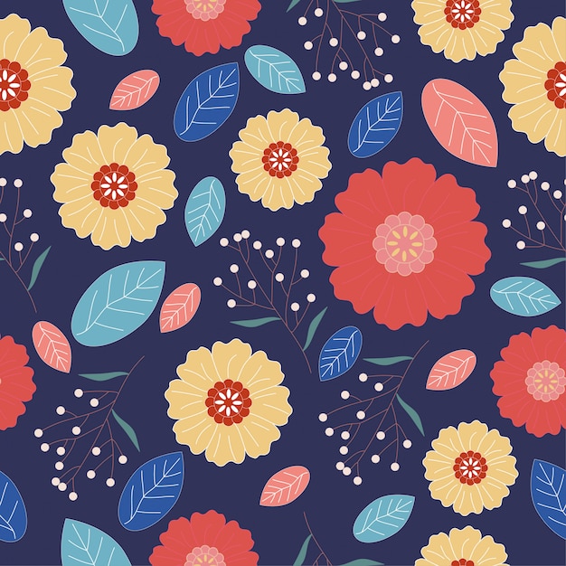 Yellow and orange flower and leaves seamless pattern