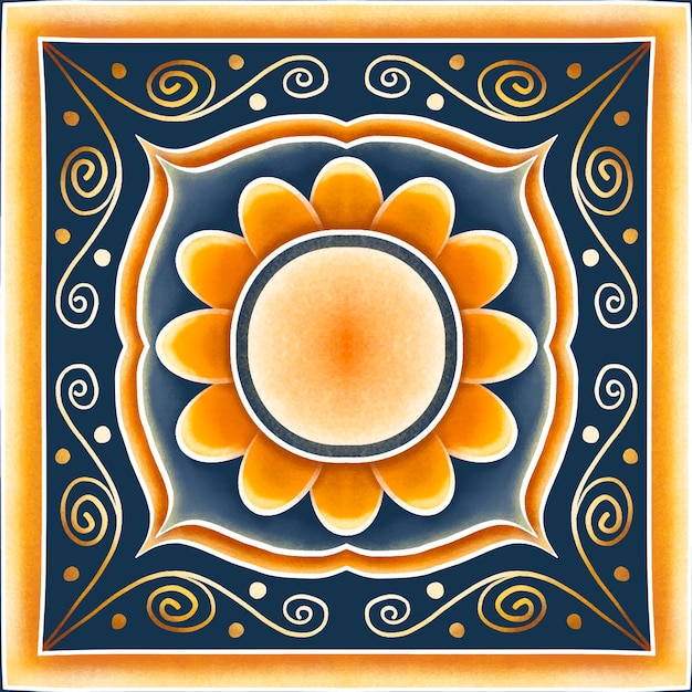インディゴブルースカーフショールにイエローオレンジゴールドフラワー背景の幾何学的なエスニックオリエンタルパターン伝統的なデザインカーペット壁紙clothingwrappingBatikfabricベクトルイラスト刺繡スタイル