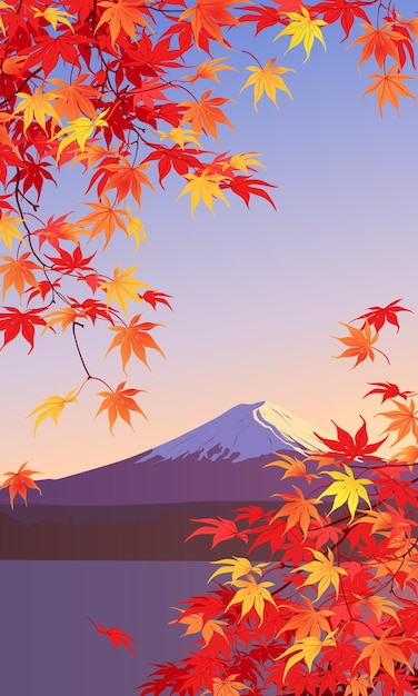 Yellow and orange maple leaves on the background of Mount Fuji Autumn branches Vector