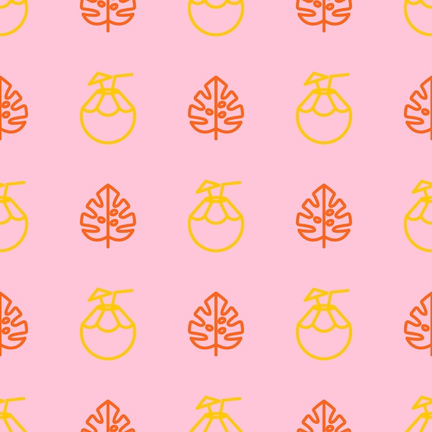 Yellow and orange outline monstera leaves and coconut cocktail seamless pattern.