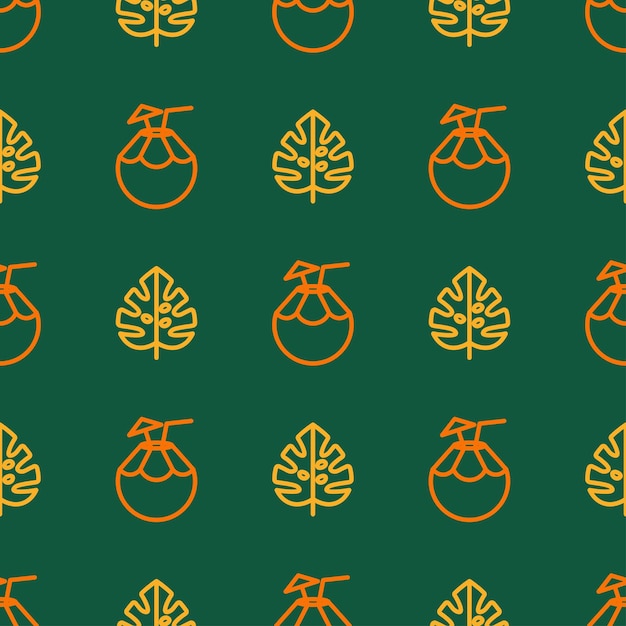 Yellow and orange outline monstera leaves and coconut seamless pattern with green background.