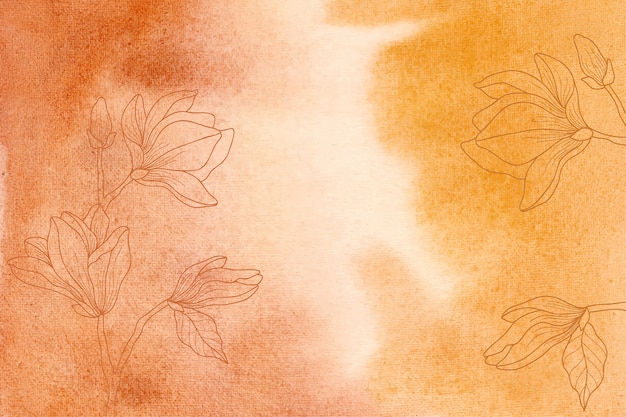 Vector yellow and orange watercolor background with hand drawn flowers