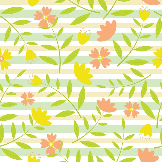 Vector yellow and oranges  flowers seamless pattern on green and yellow striped background