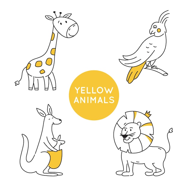 Vector yellow outline animals isolated.