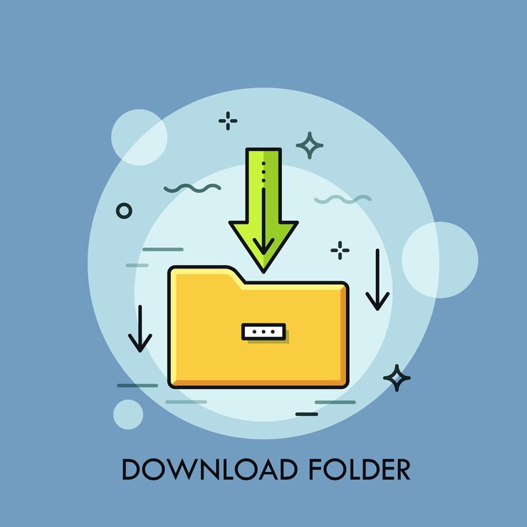 Vector yellow paper folder and green arrow pointing downwards. concept of file download, data storage.