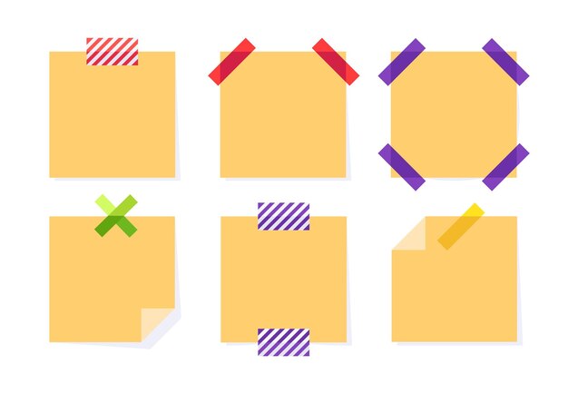 Adesivi di carta gialla appunti appiccicosi con set di illustrazioni vettoriali piatte in carta da lettere adesiva quadrata con nastro adesivo