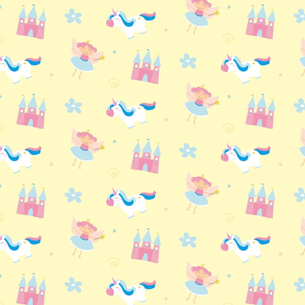 Yellow pattern with kingdom, fairy, unicorn