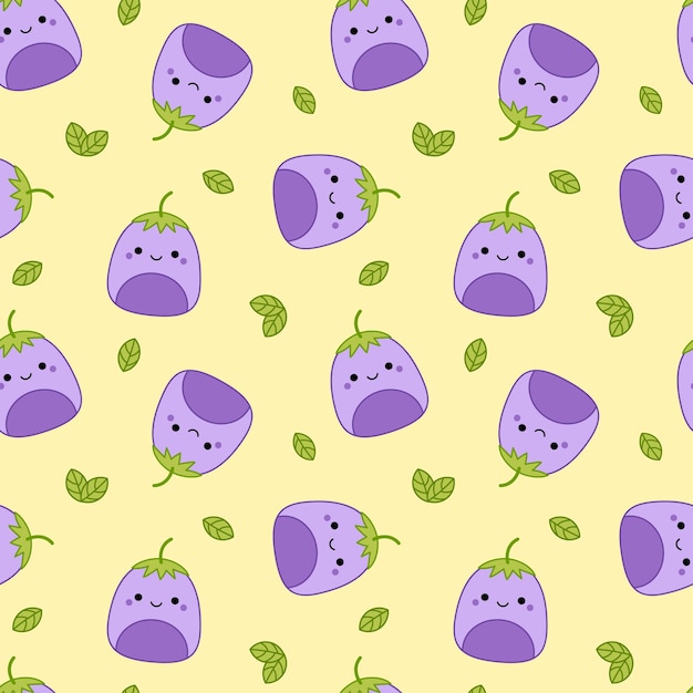 Yellow pattern with leaves and eggplants squishmallow eggplant kawaii vector